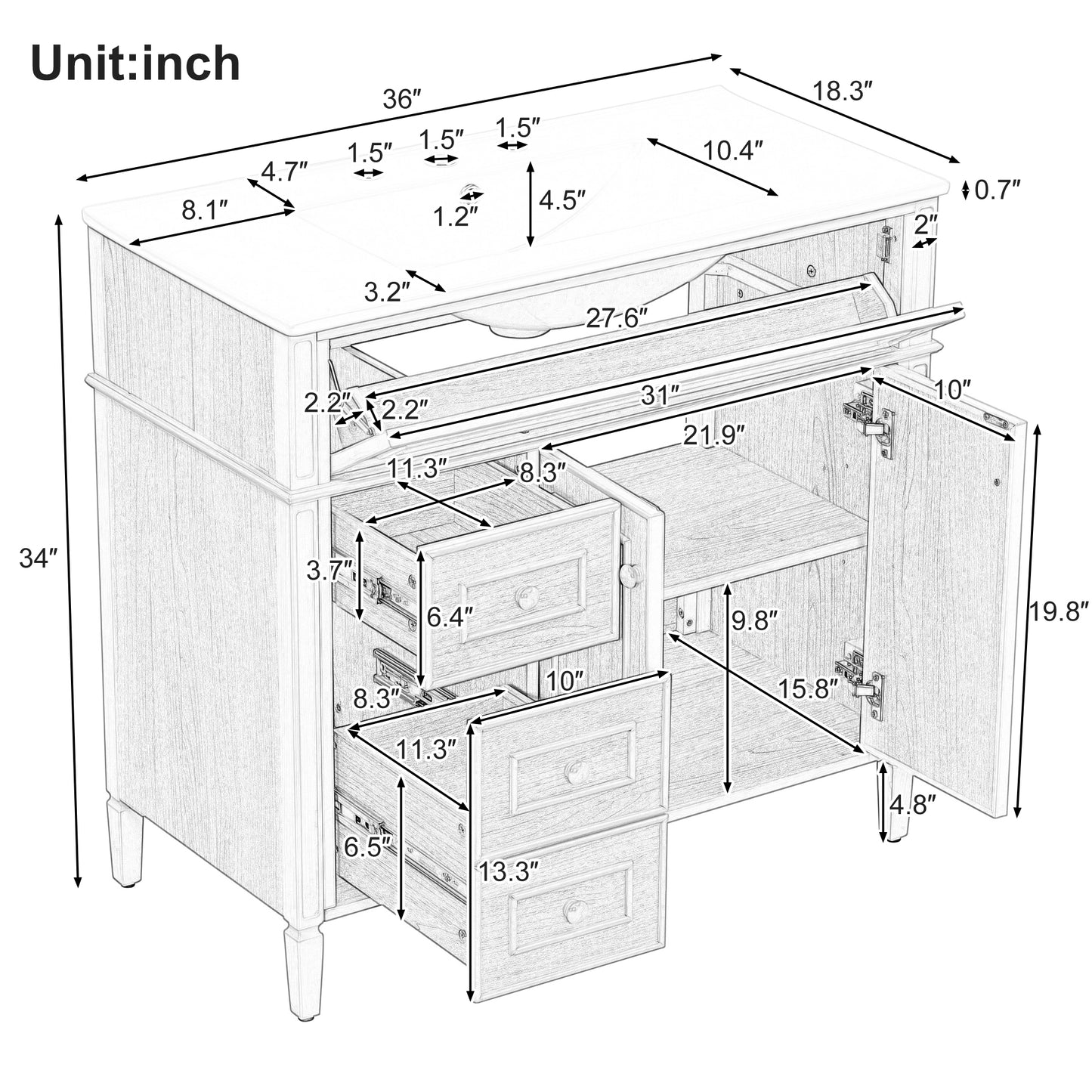36" Bathroom Vanity with Sink - Wood Cabinet, 3 Drawers, Soft-Close Doors