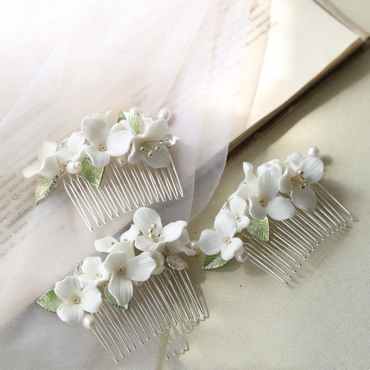 Ceramic Flower Hair Comb - Silver Bridal Headpiece
