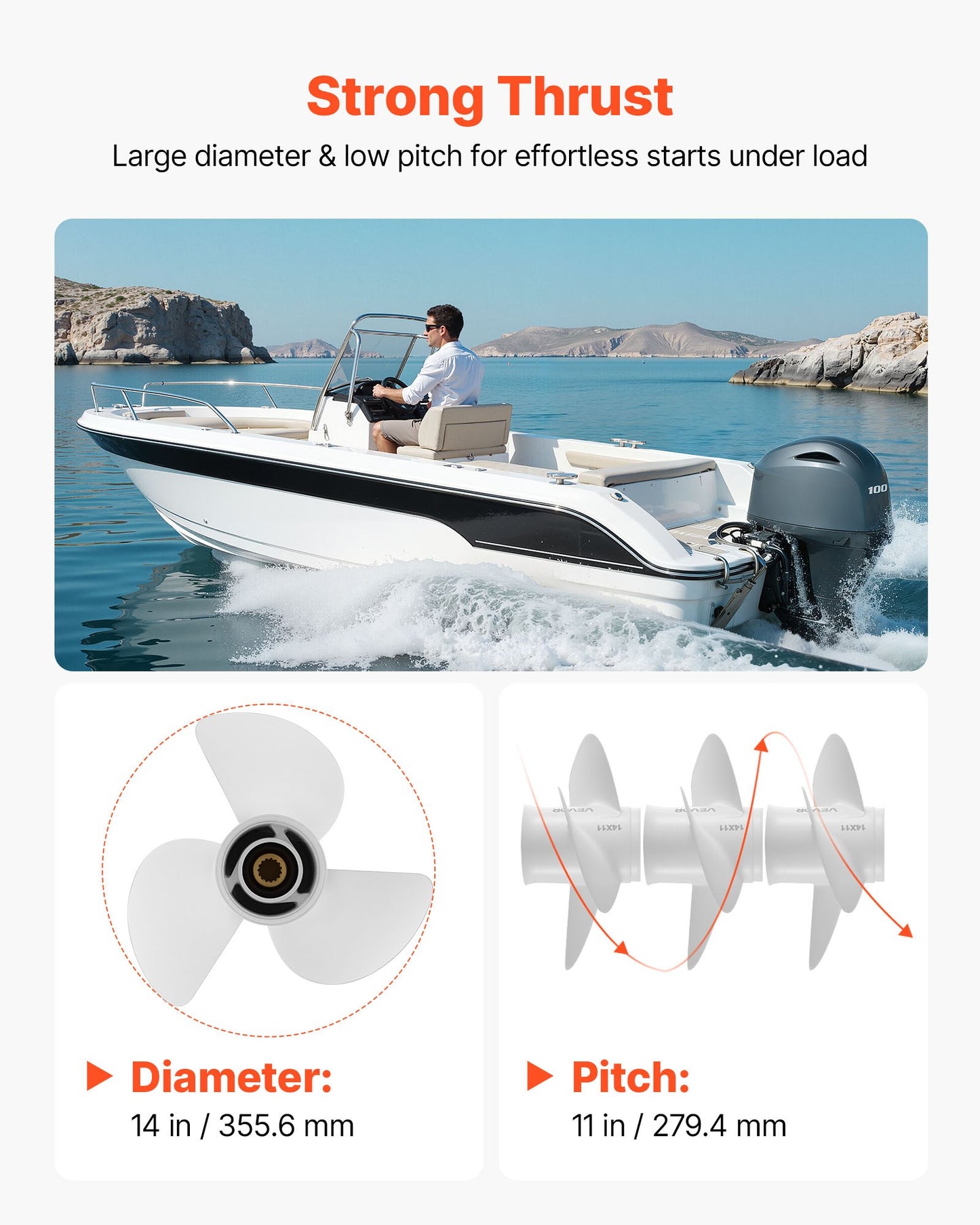 Outboard Boat Propeller 3-Blade RH Fit Yamaha 50-130 HP Aluminum Replacement