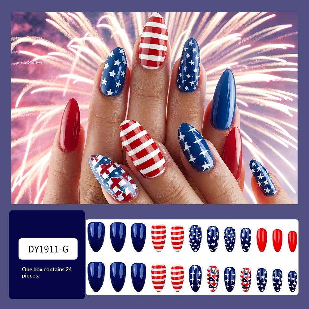 24-Piece Almond-Shaped Acrylic Nail Stickers with Jelly Glue for Manicure, Independence Day Star Pattern