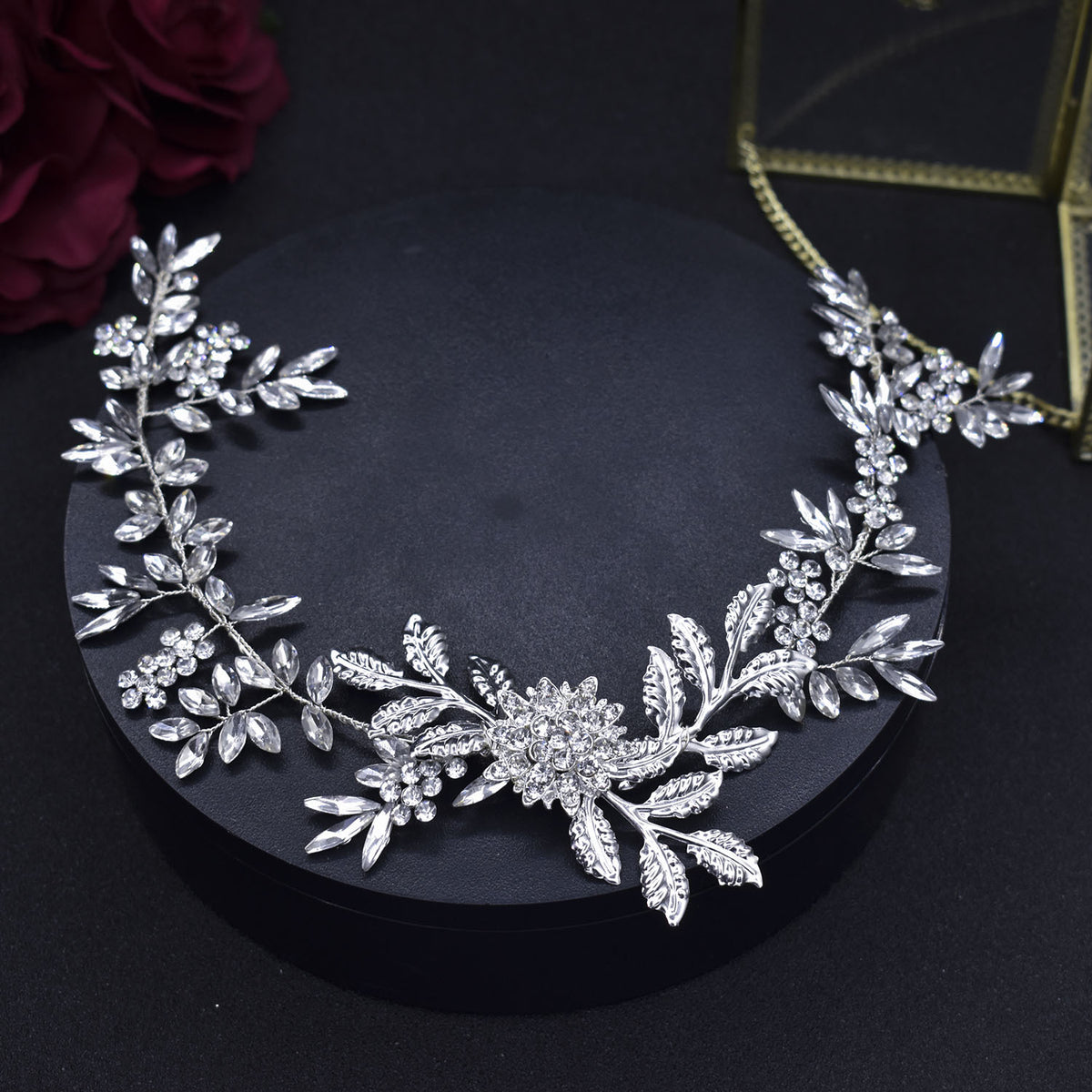 Rhinestone Leaf Headband - Silver