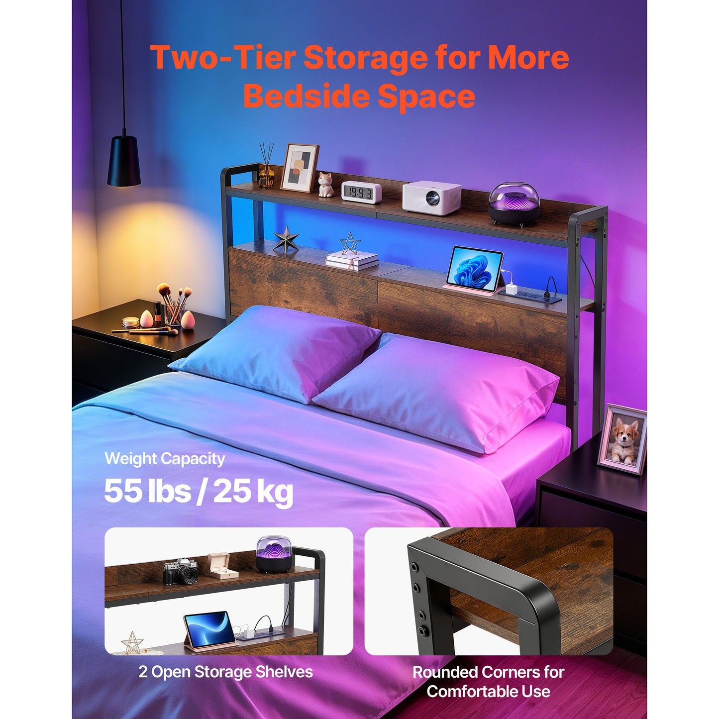 Full Size Bed Headboard with Storage Shelves LED Light USB Outlets - Black