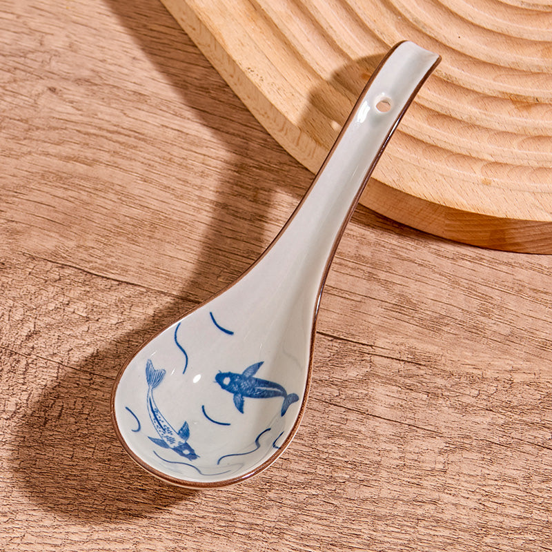 Ceramic Kitchen Spoon Set - Retro Long Handle Floral Pattern, 4 Pack