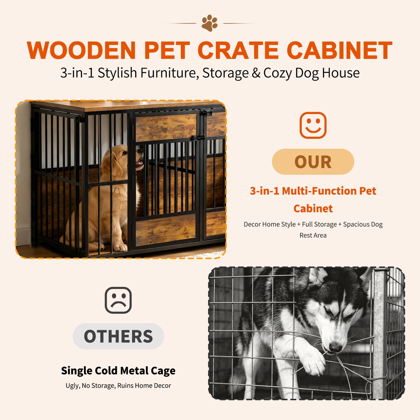 Large Wooden Dog Crate Furniture with Storage Top, Indoor Pet Kennel