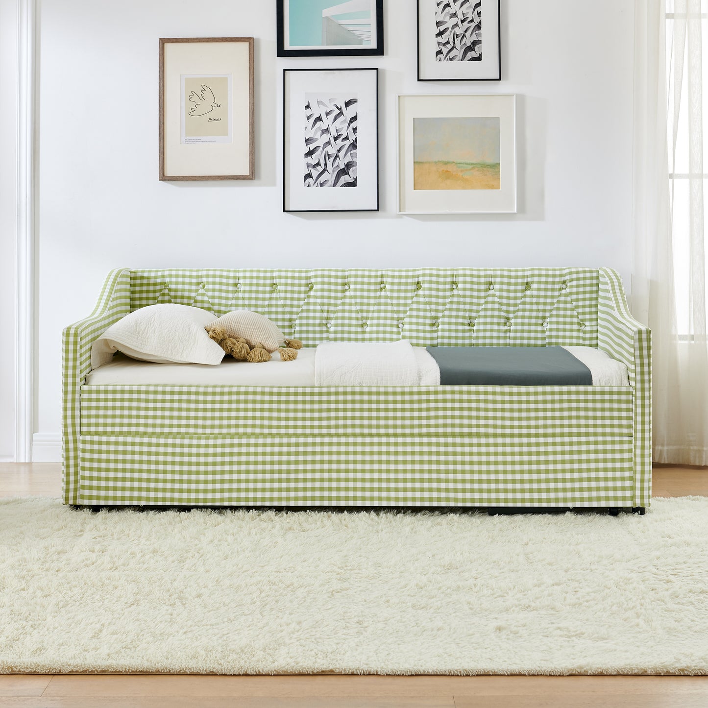 Twin Size Upholstered Daybed with Pull-Out Trundle & Storage - Green