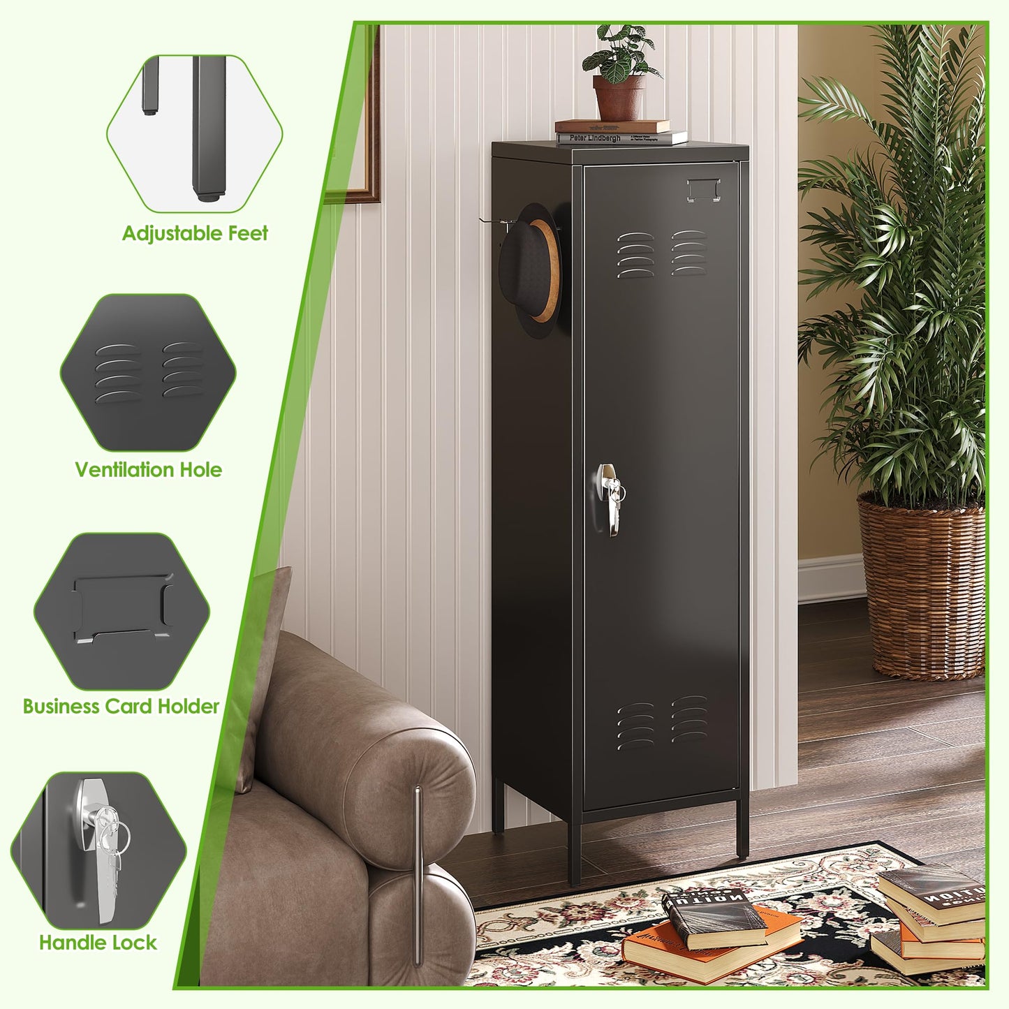 Metal Storage Locker with Handle and Hanging Rod - Black