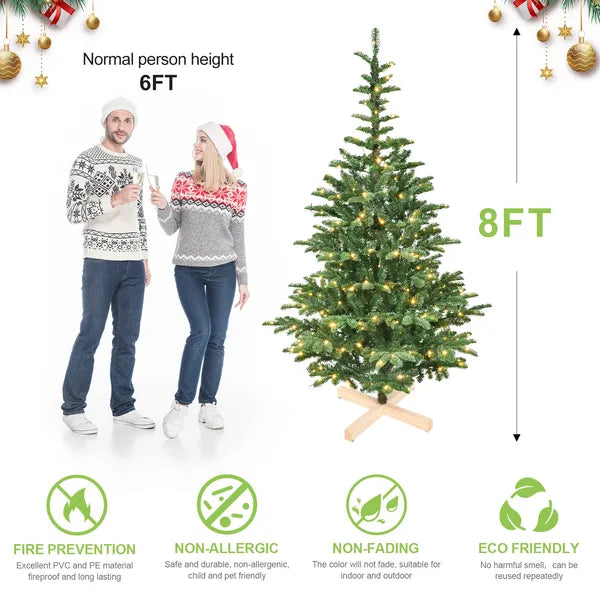 8ft LED Christmas Tree - Green with 1307 Tips, Hinged Base