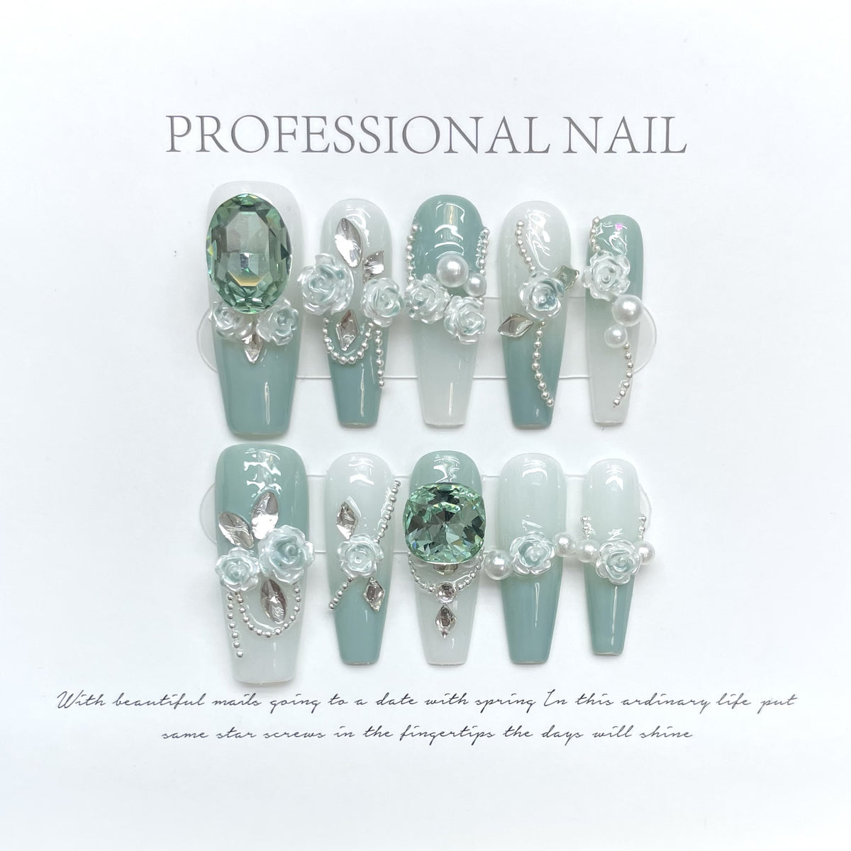 Green Diamond Chain Nail Art Kit with Camellia Gradient Design - All Sizes & Colors