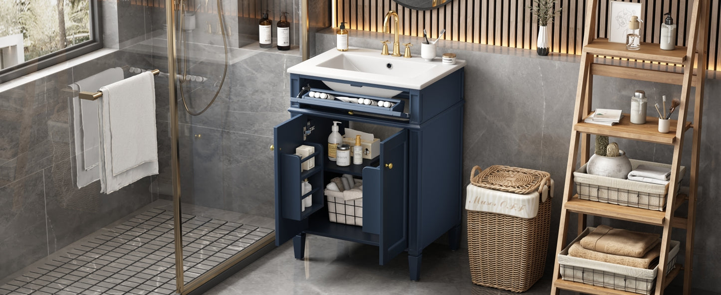 24" Blue Bathroom Vanity with Soft-Close Doors & Storage Drawer