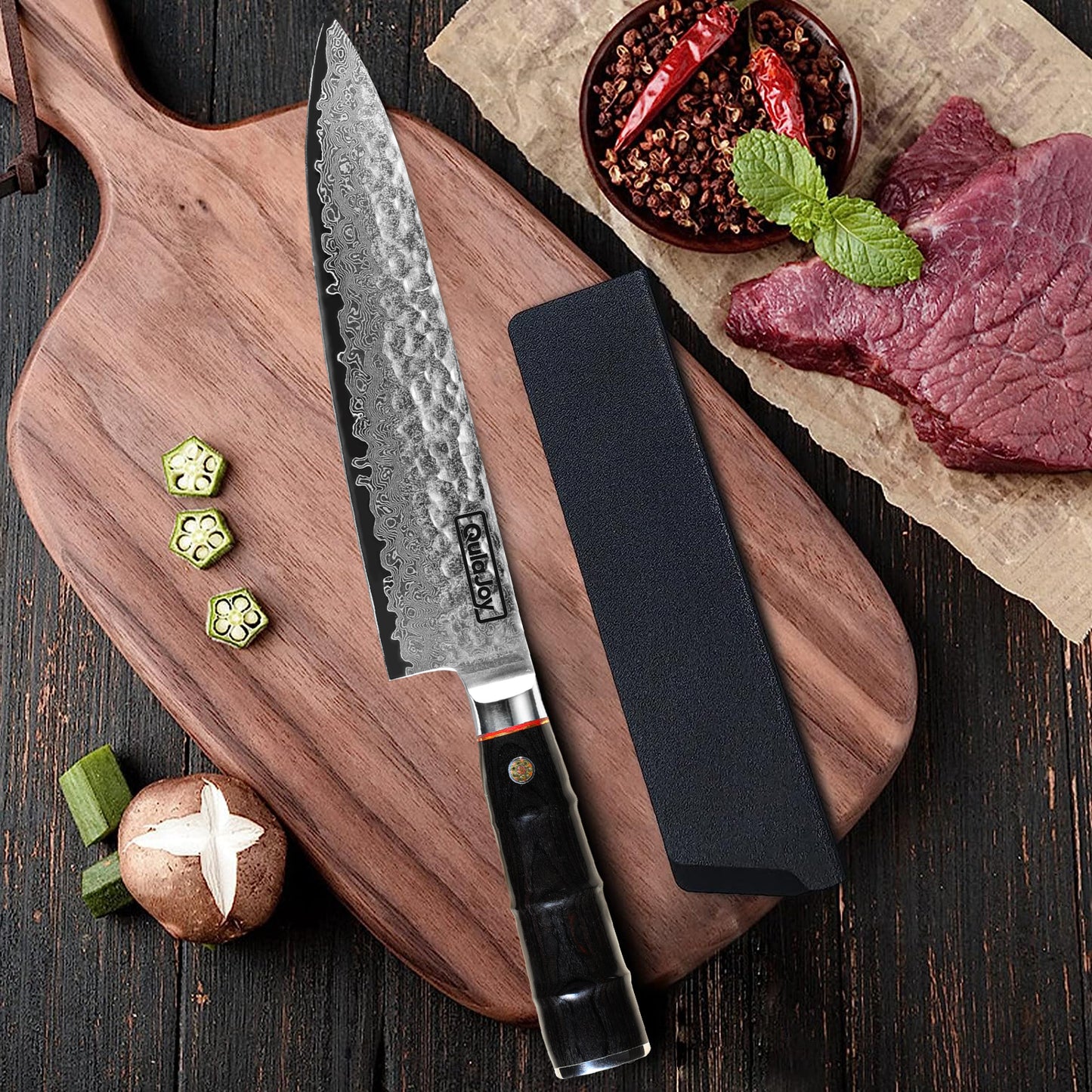 Japanese Chef Knife 8 Inch - Damascus VG-10 Steel, Hammered Blade