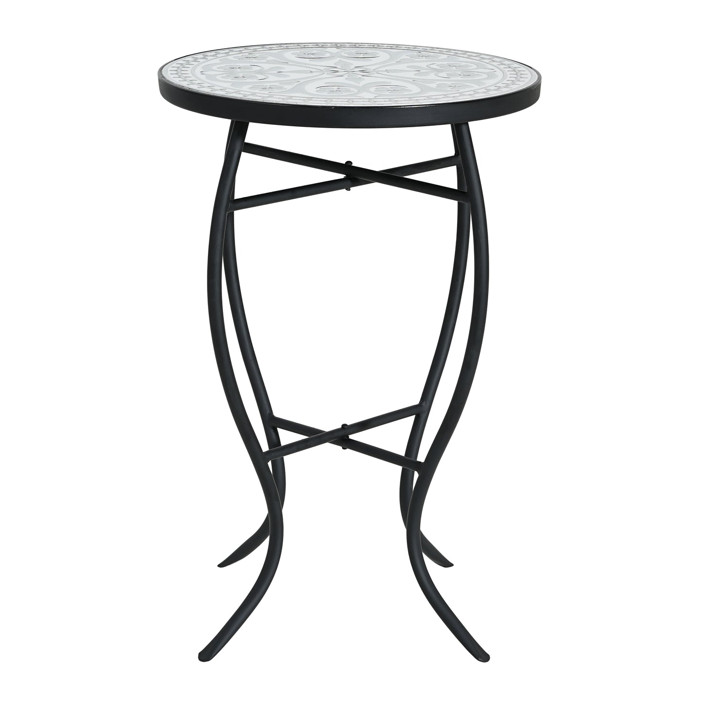 Outdoor Round Side Table with Mosaic Top & Curved Iron Legs - Grey & Black
