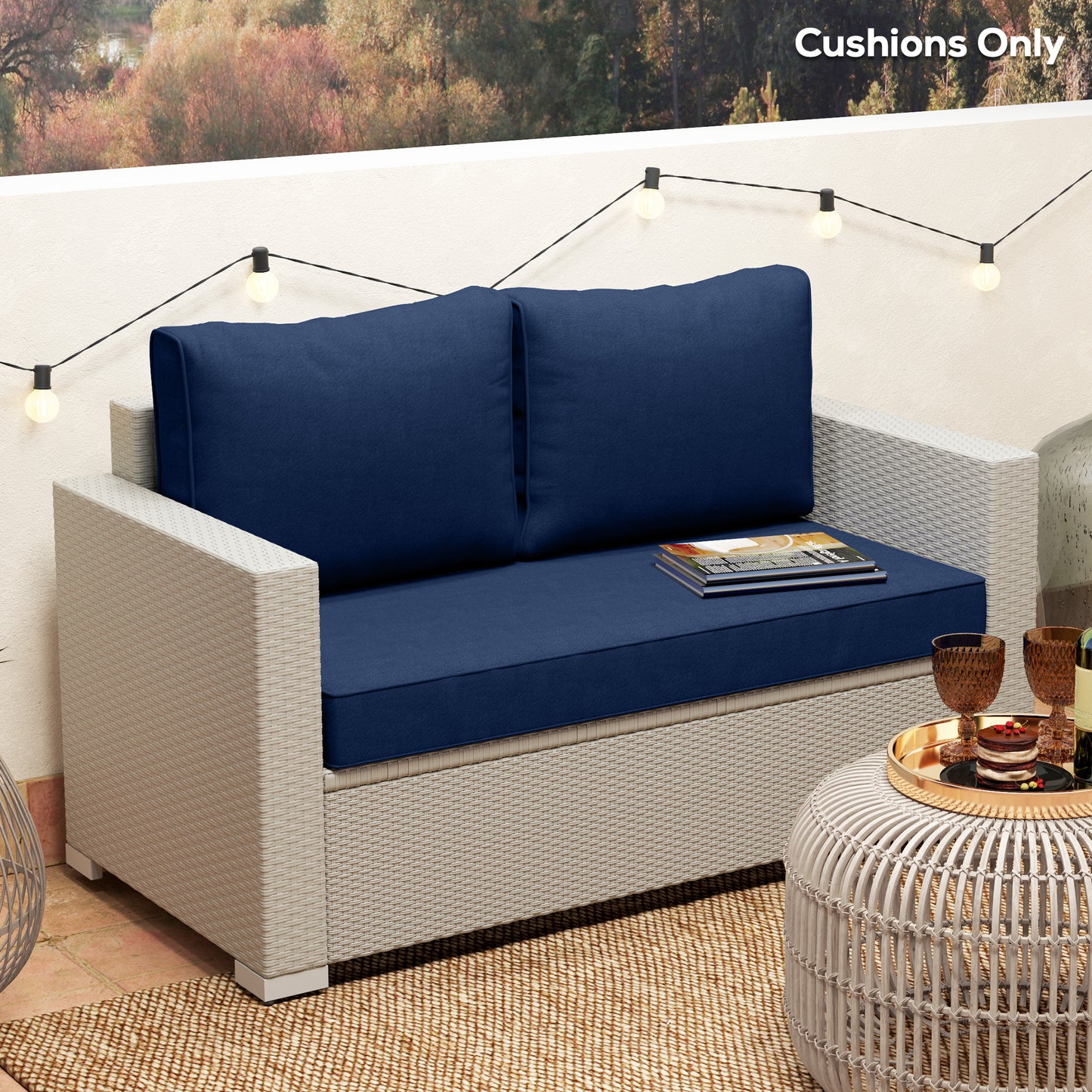 Outdoor Loveseat Cushion Set - Thick Navy Blue Cushions, 46x26x5 in