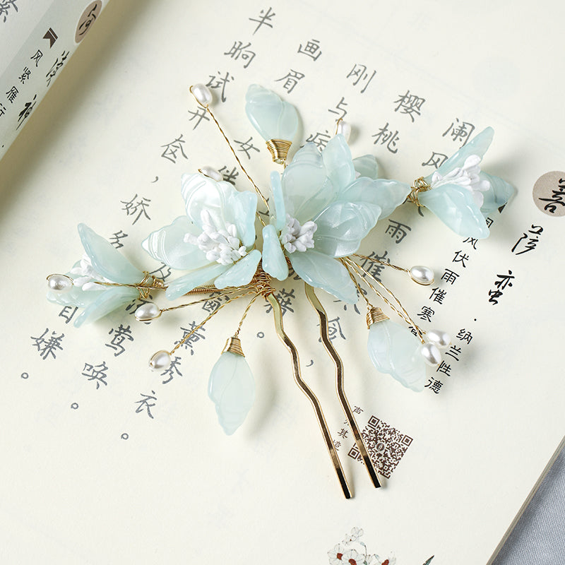 Hanfu Hair Comb - Fairy Flower Hairpin with Gemstone Inlay