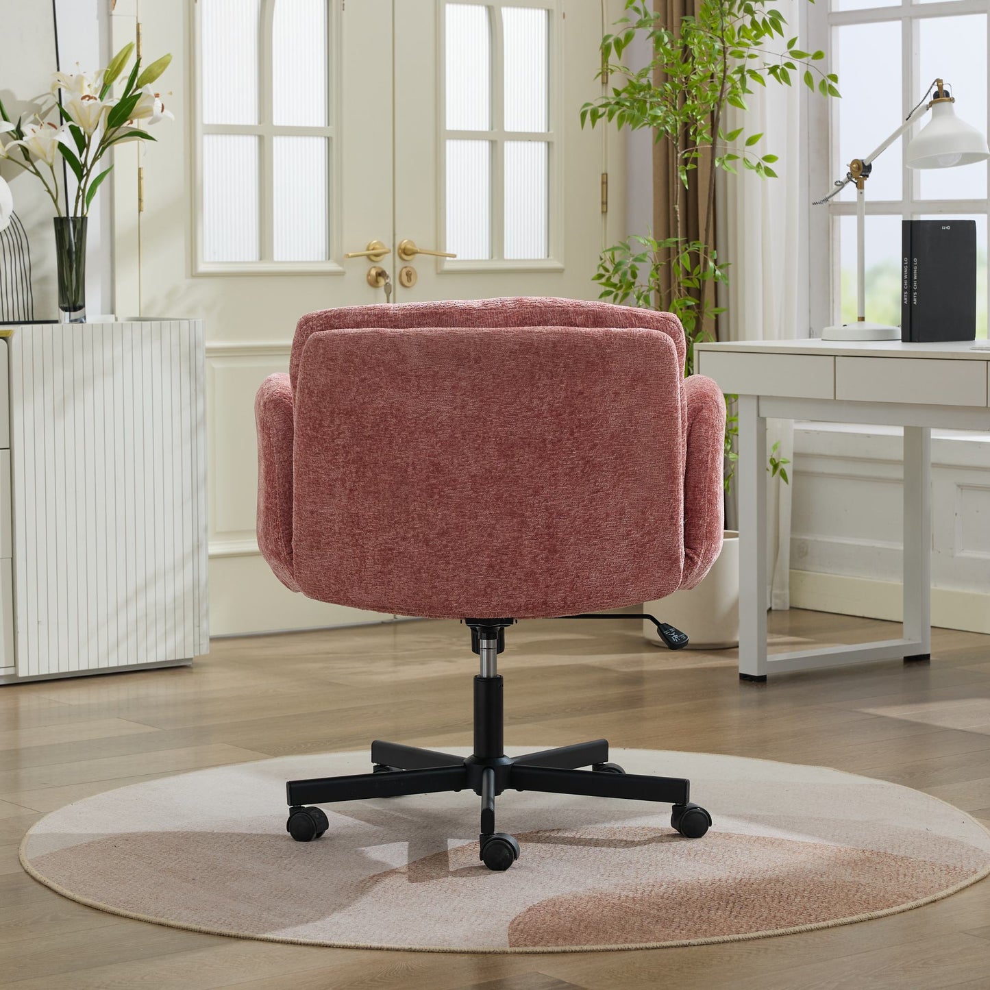 Chenille Swivel Office Chair - Adjustable Height & Armrests, Blush Pink