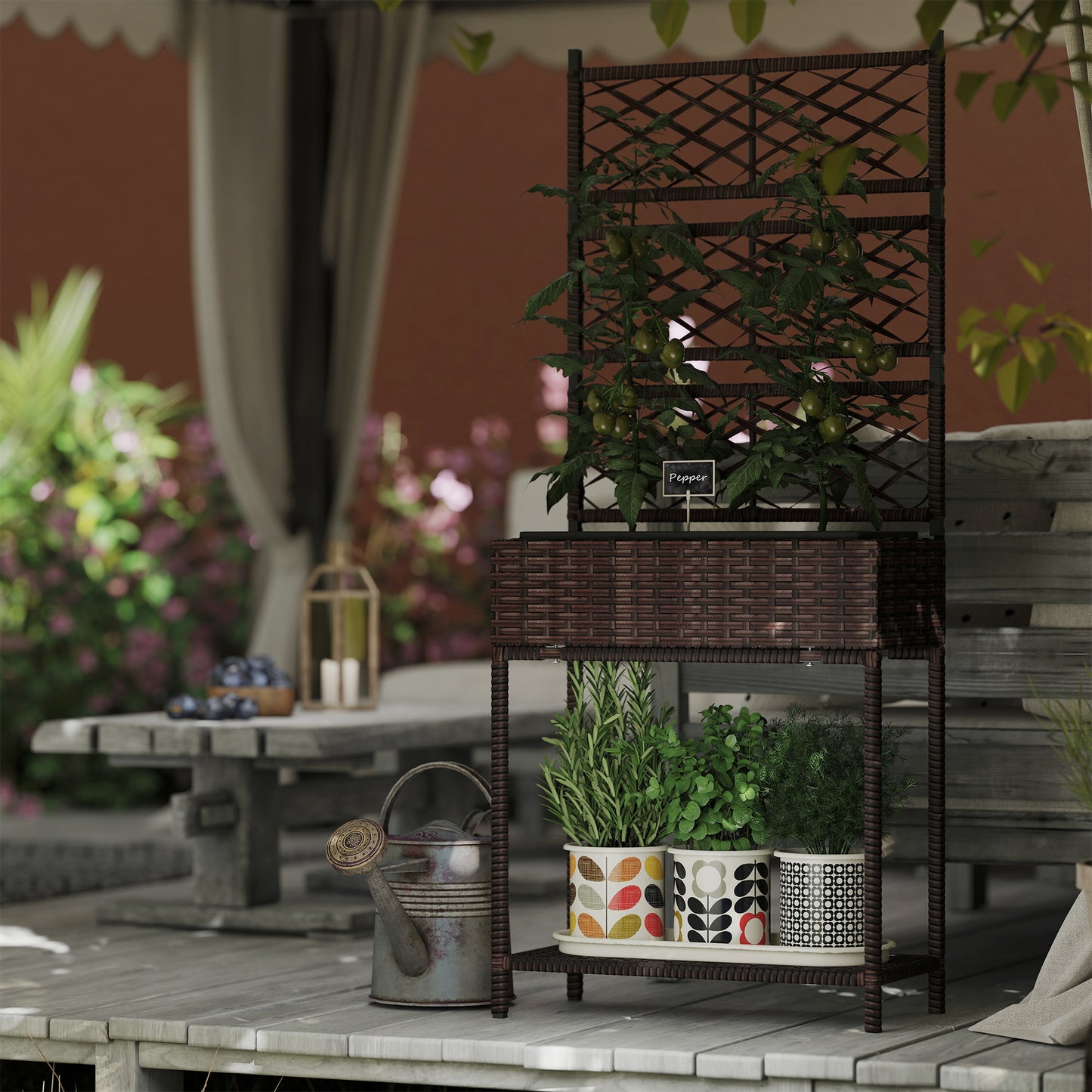 Outdoor Wicker Planter with Trellis for Climbing Plants - Freestanding Rattan Garden Box with Storage Shelf - Brown