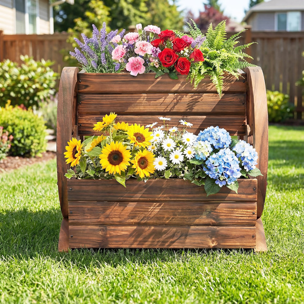 2-Tier Rustic Wood Garden Bed with Drainage & Wheels - Coffee