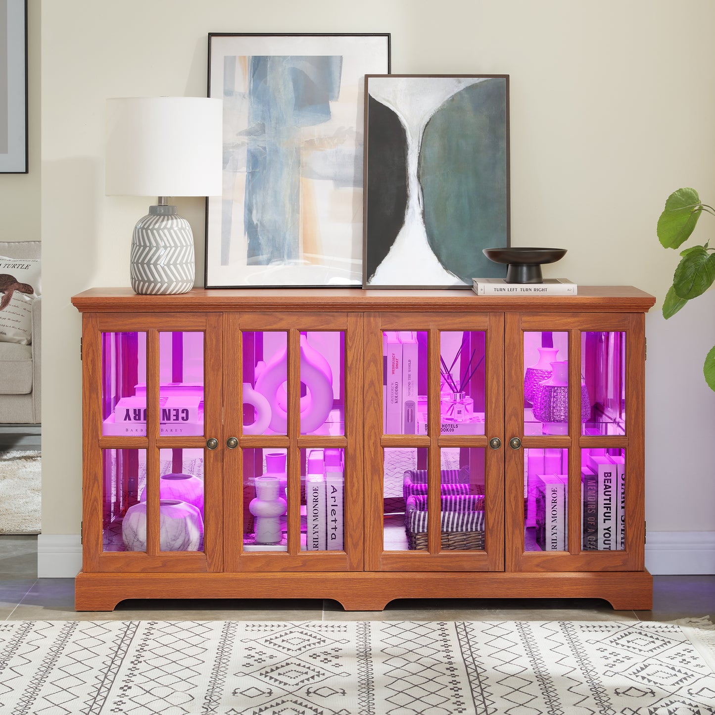 LED Curio Display Cabinet - Vintage Antique Glass Showcase with Adjustable Shelves - Oak