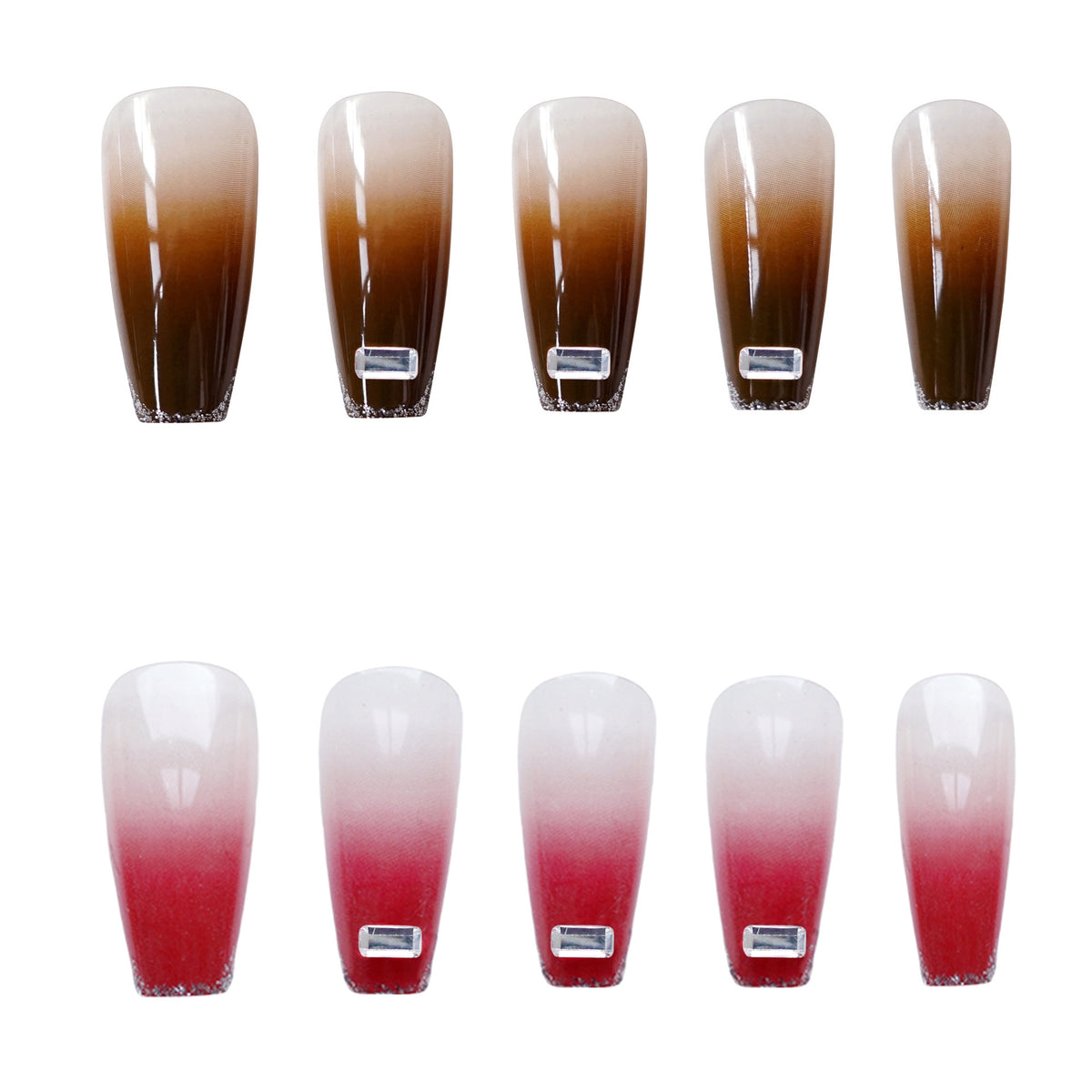 Z-05 Red Gray Ice Crystal Long False Nails - 24 Pcs