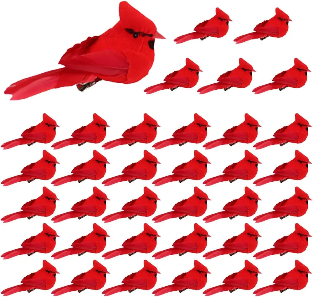 Mini Cardinal Birds for Crafts - Red Velvet & Feathers, 12 Pcs