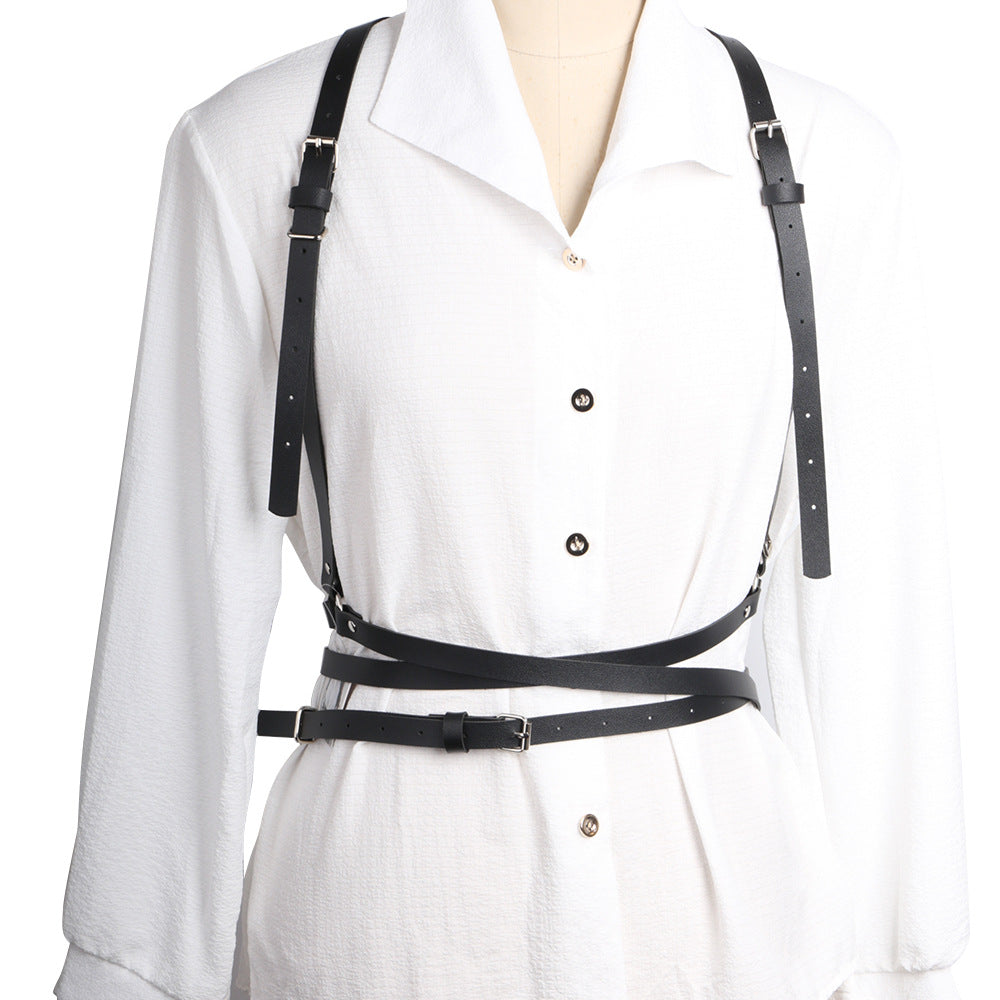 Women's Leather Corset Belt with Strap Decoration, Adjustable PU Waist Accessory