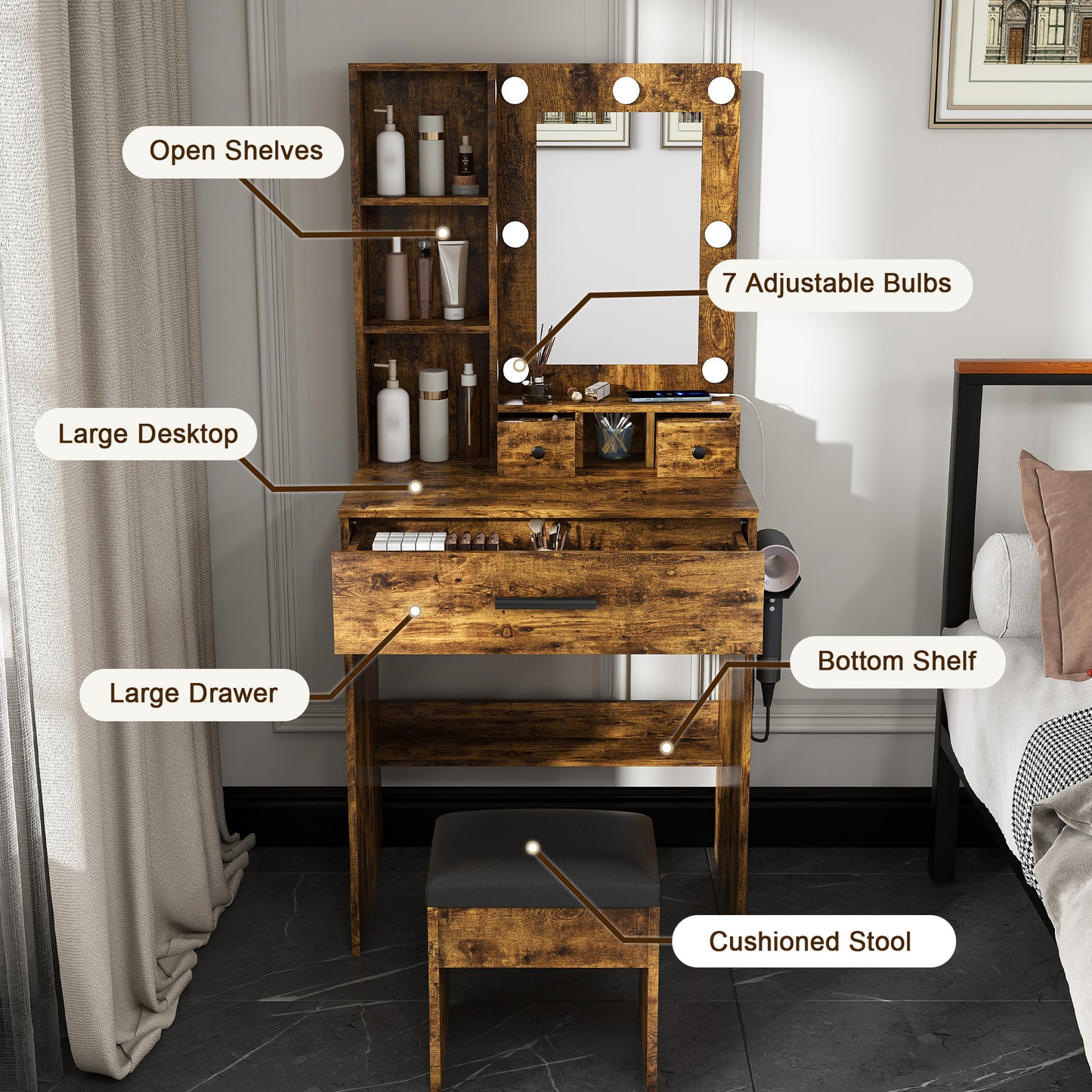 Vanity Table With Mirror & Adjustable LED Lights, Power Outlet,