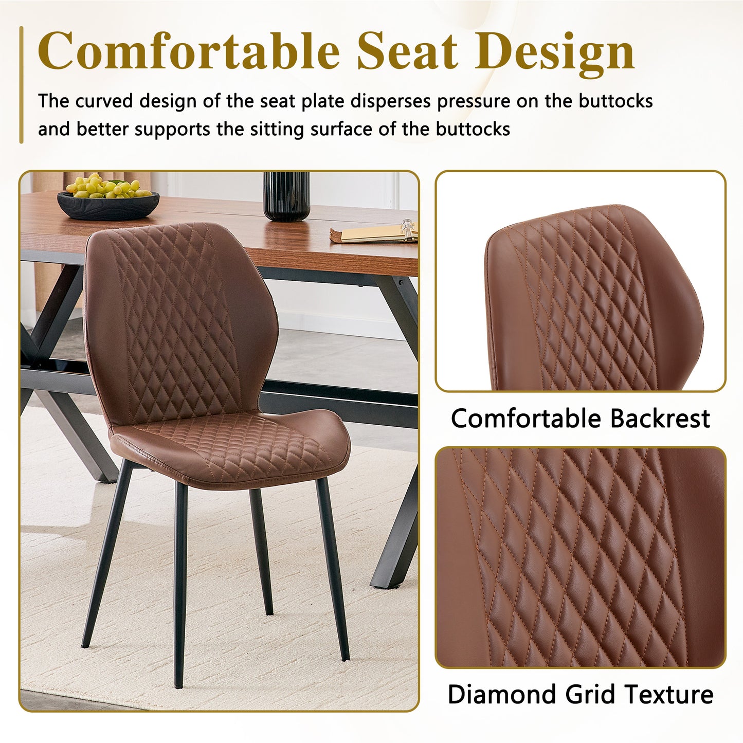 Set Of 4 Modern Light Luxury Brown Diamond-quilted PU Chairs With