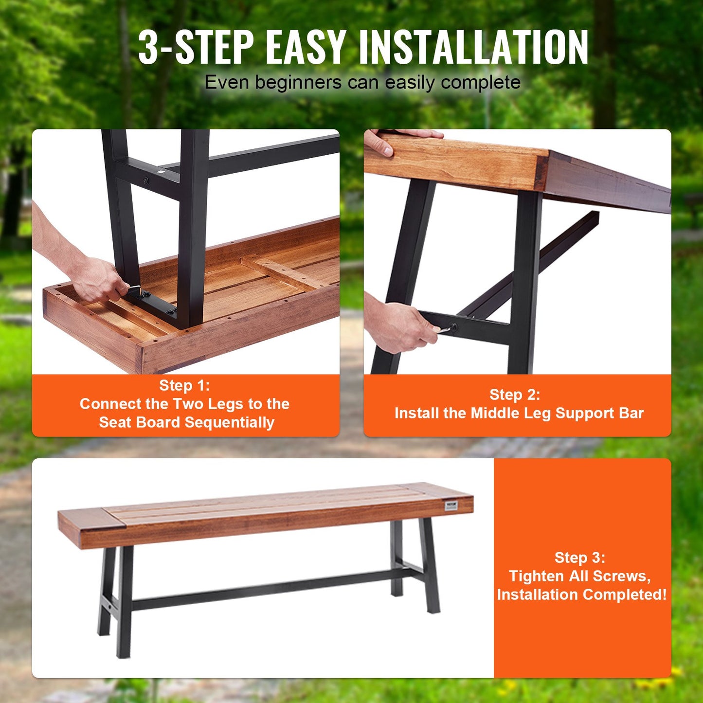 Wood Garden Bench 63 Inches with Metal Legs - Outdoor Patio Seating
