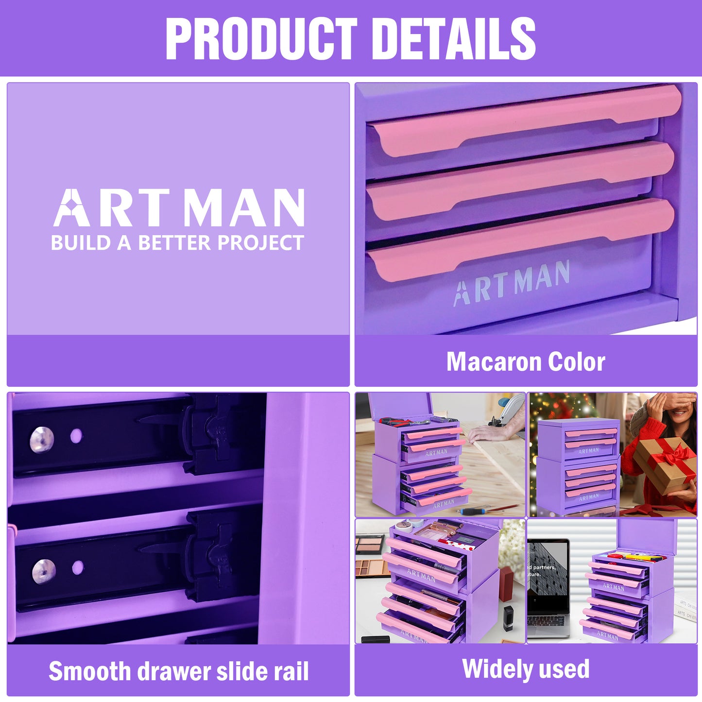 Drawer-Style Desktop Storage Box - Pink Purple, 2+3 Layers