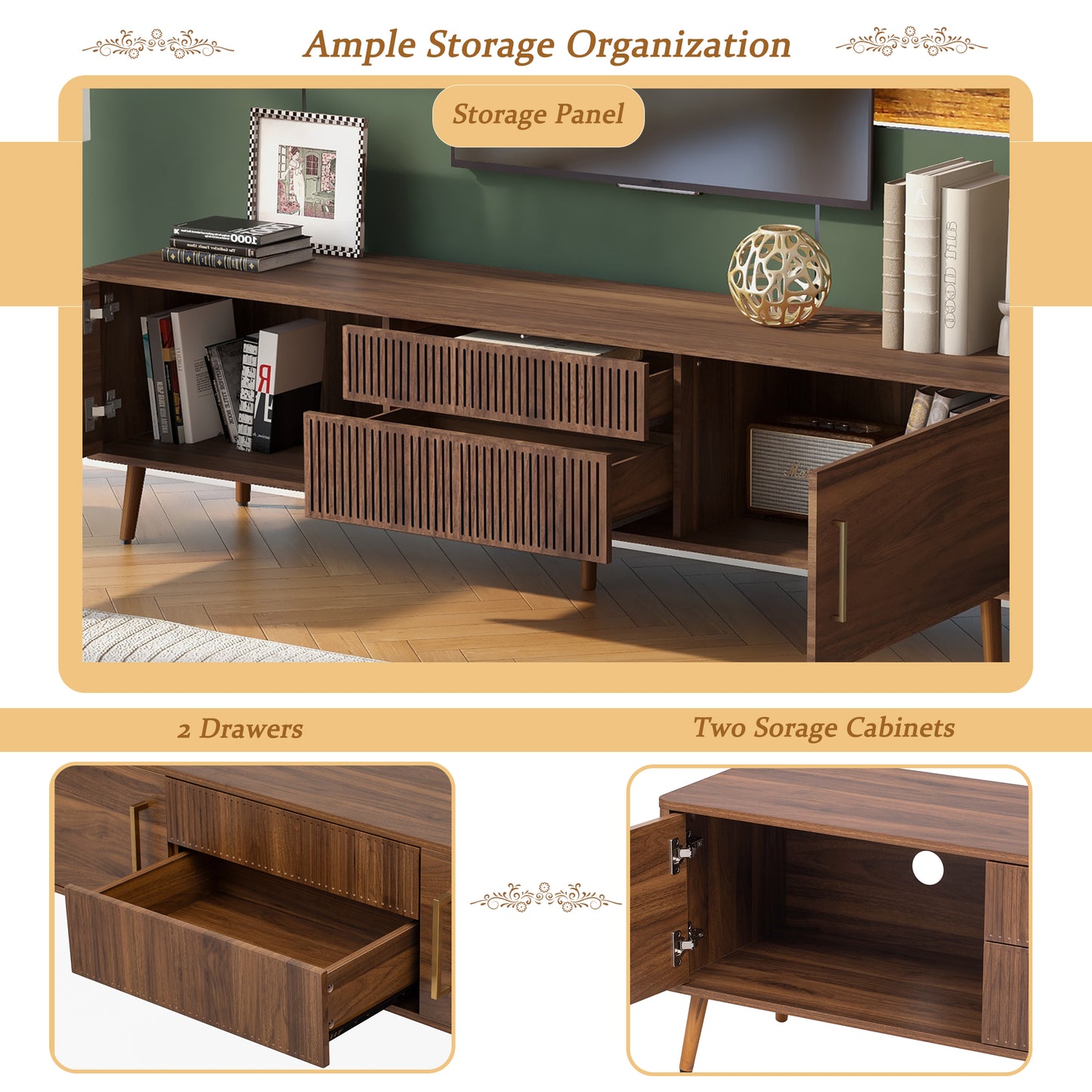 Mid Century TV Stand with 2 Drawers for TVs Up to 80'' - Walnut