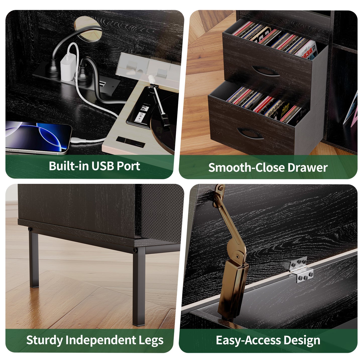 Eco-Friendly Record Player Stand With Flip-Top - Wood Vinyl Storage
