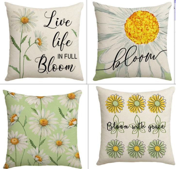 Summer Chrysanthemum Pillow Cover Green Plant Flower Linen 45x45cm Nordic Style