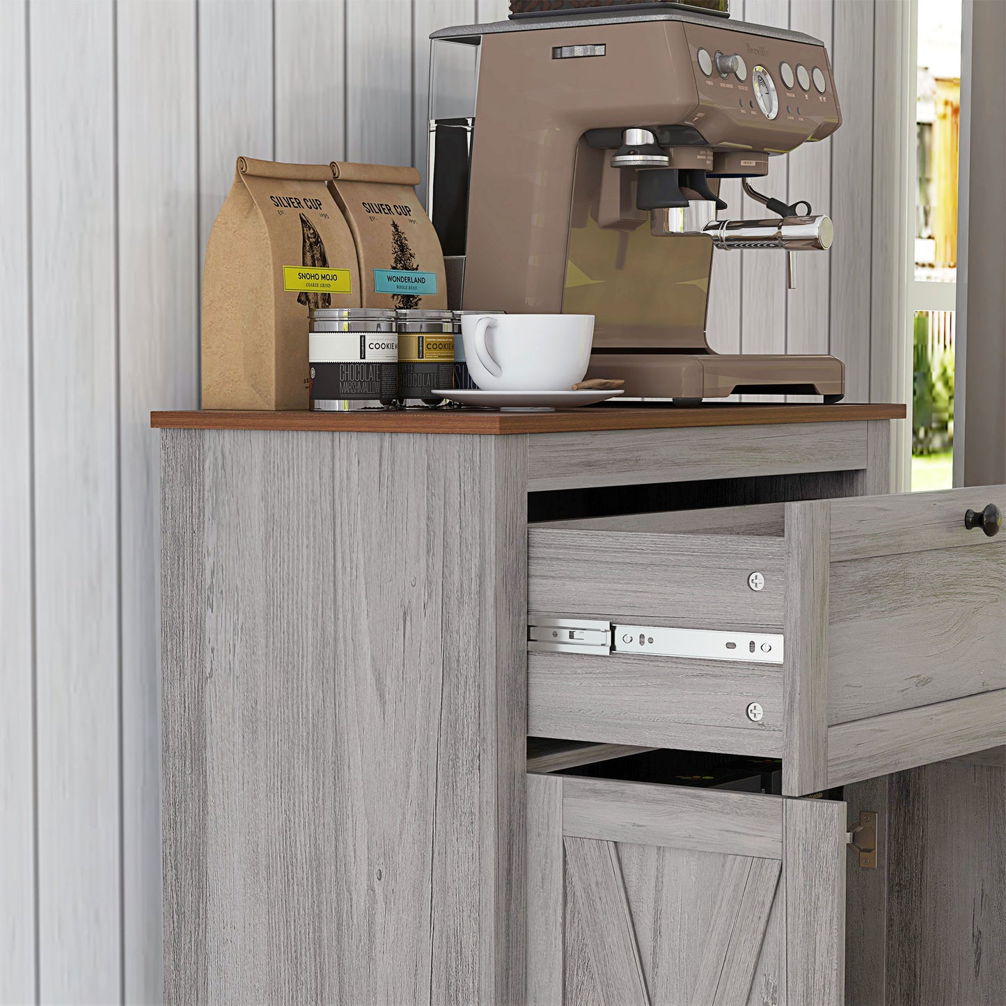 Farmhouse Storage Cabinet with Doors and Drawer - Light Gray