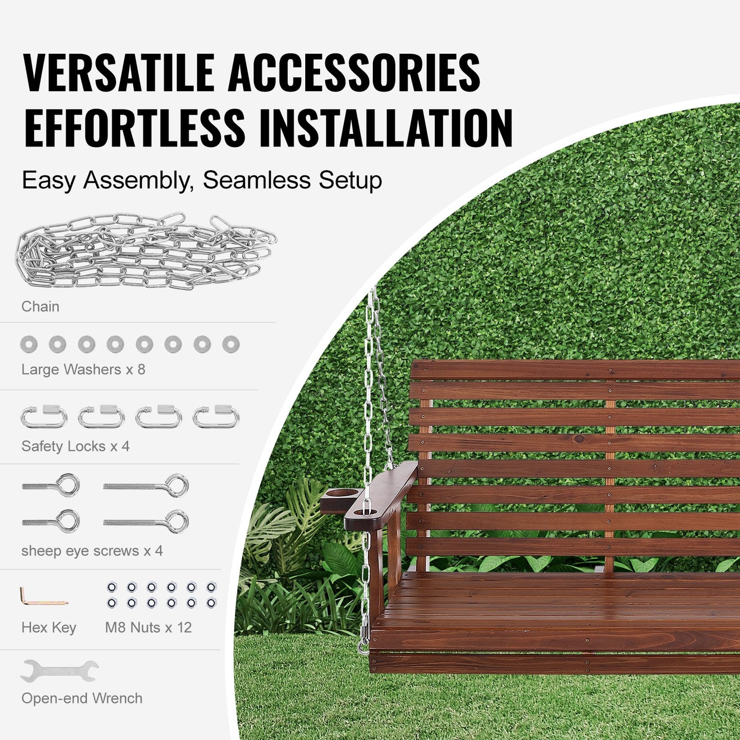 Wooden Porch Swing 5.5 Ft Heavy Duty Garden Swing with Chains - Brown