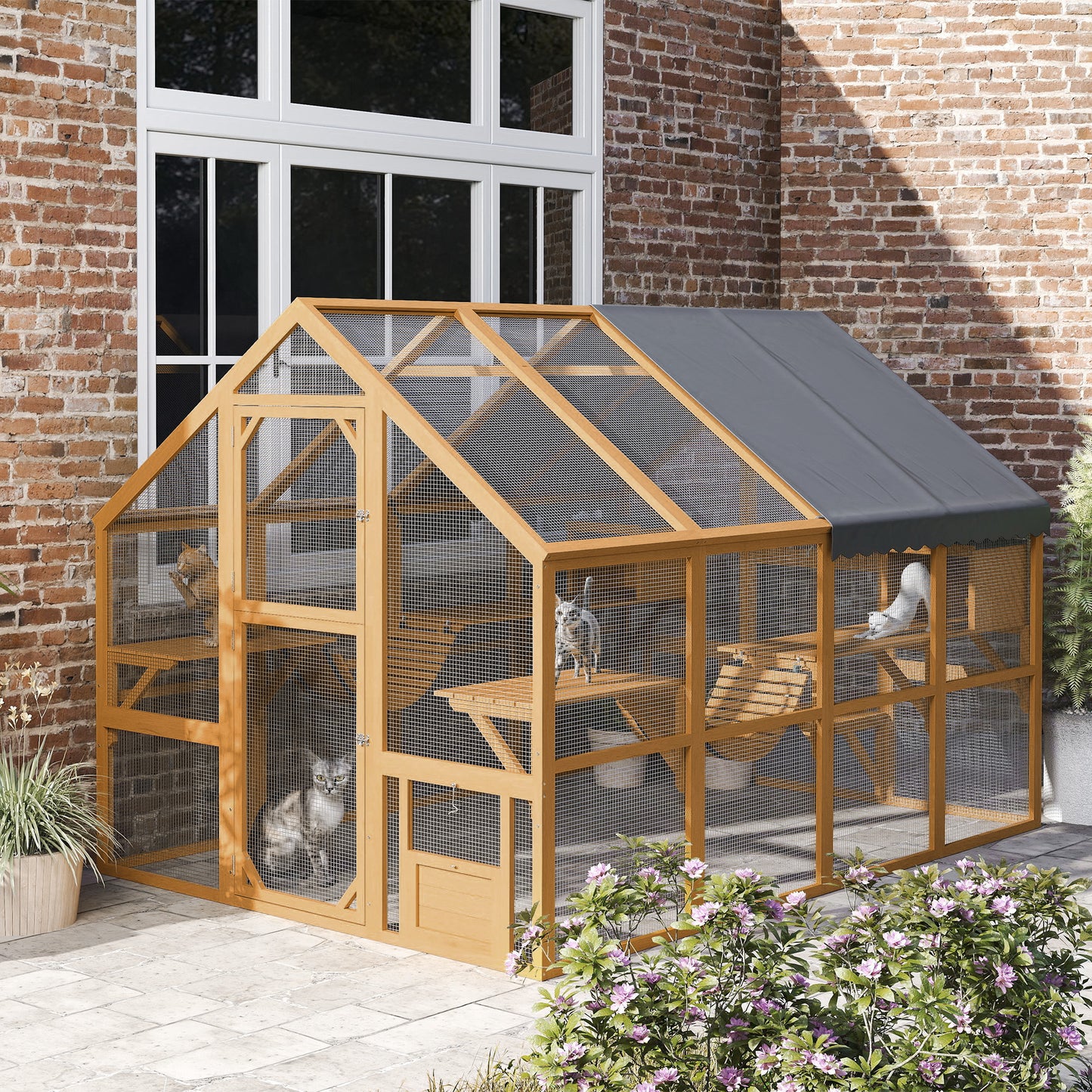 Large Wooden Outdoor Cat Enclosure with Waterproof Cover & 2 Condos