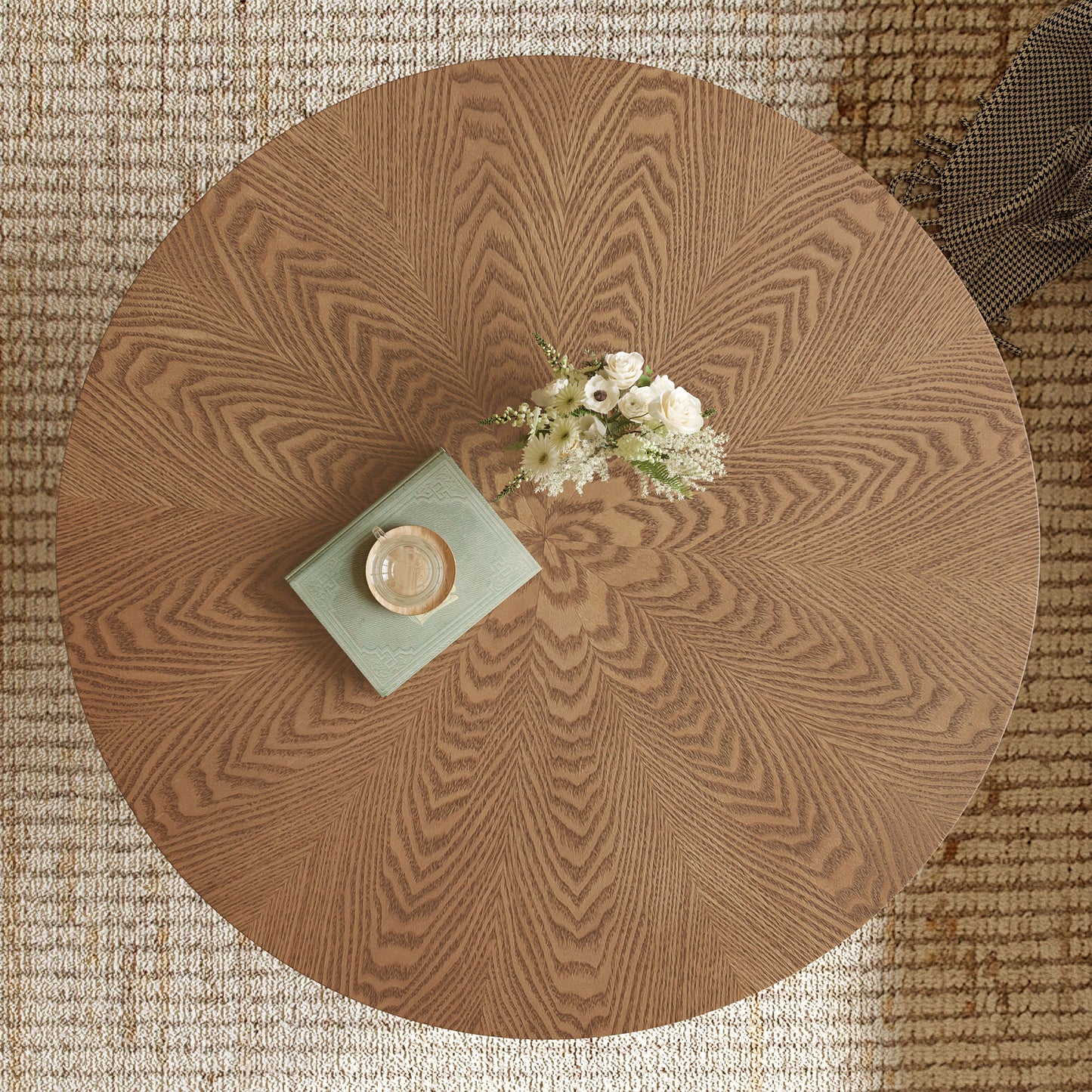 31.5-Inch Round Rustic Ash Wood Veneer Coffee Table - Walnut