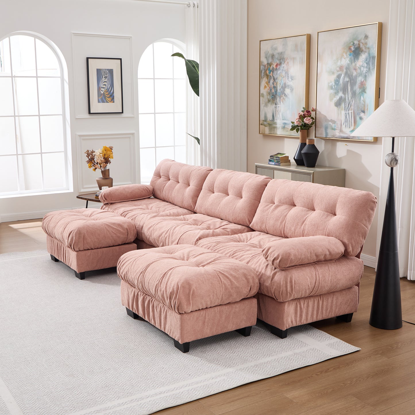 U Shaped Modular Sectional Sofa - Pink Cloud Couch with 5 Pillows