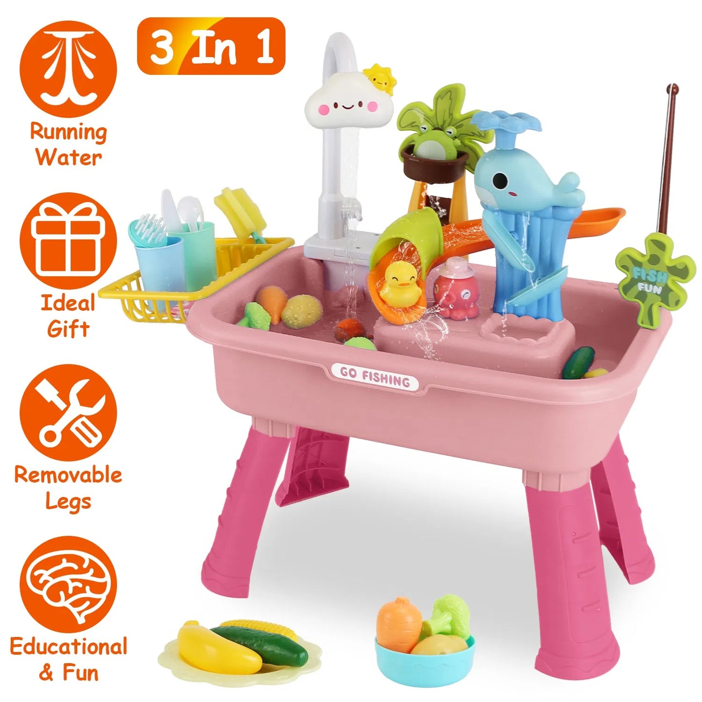 3-in-1 Kids Water Table with Electric Faucet & Fishing Game