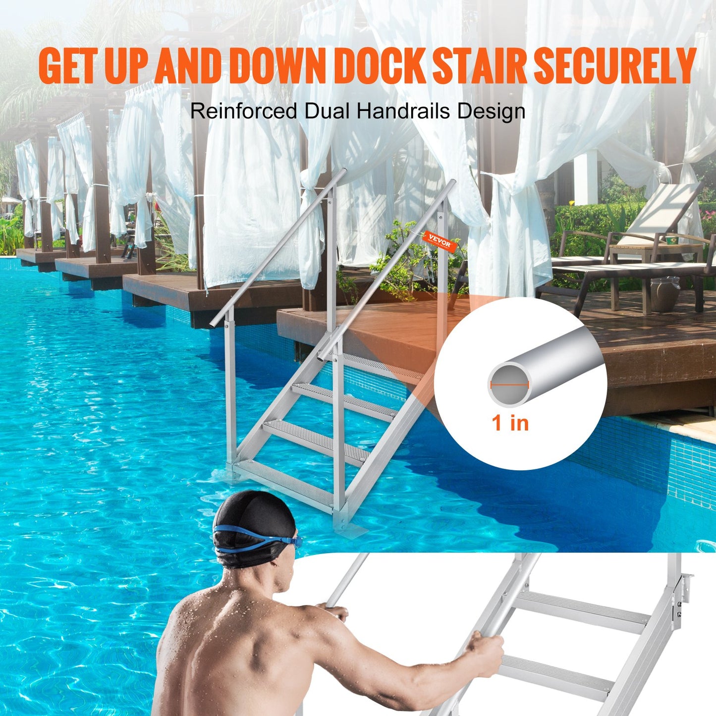 Adjustable Aluminum Dock Ladder with Dual Handrails, 4 Steps, 500 Lb Capacity