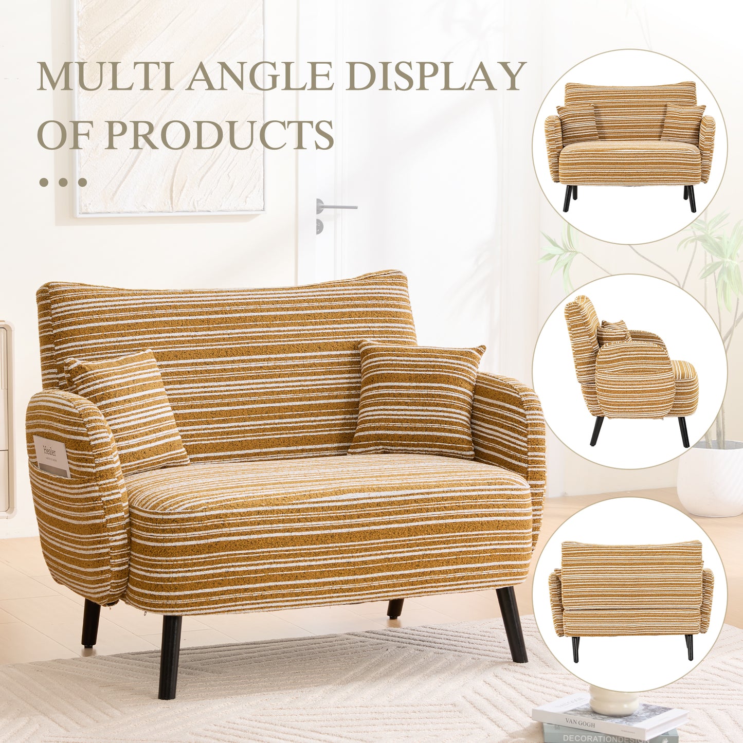 Modern Mustard Yellow Two-Seater Sofa with Storage Pockets