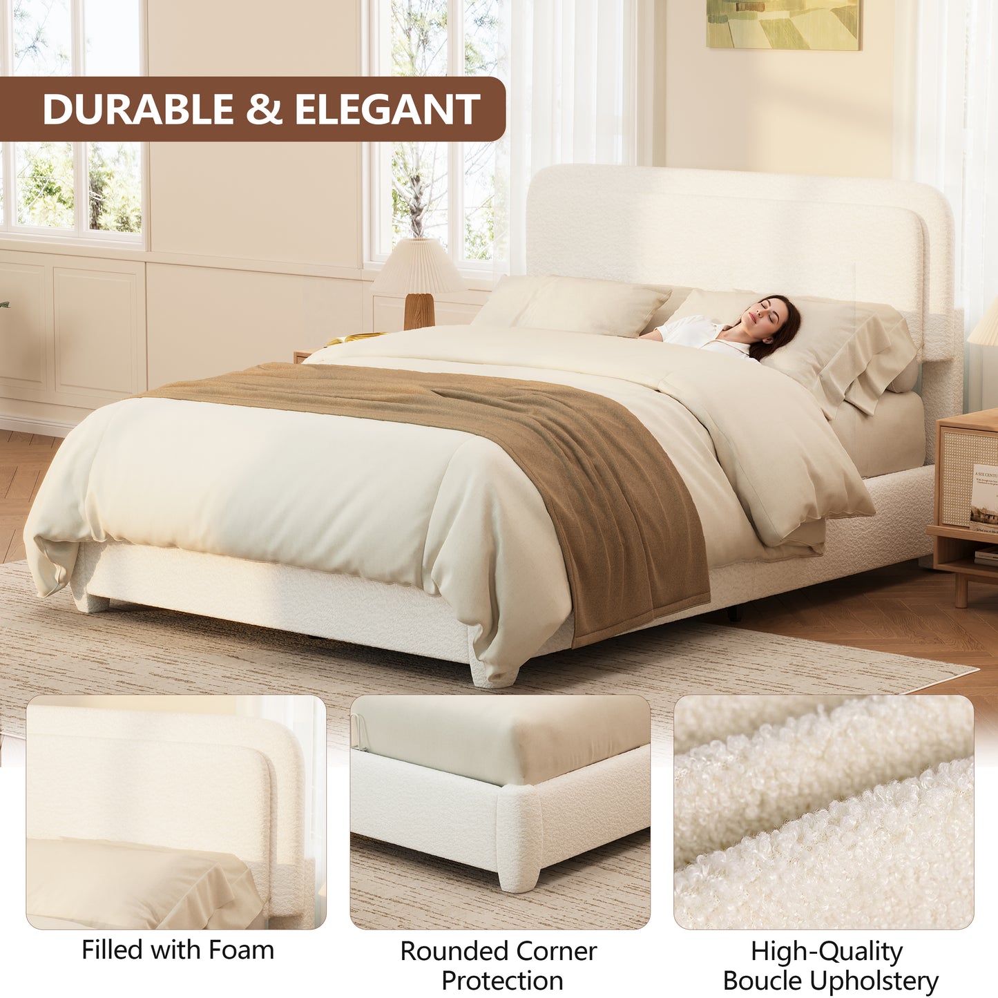 Boucle Full Bed Frame With Adjustable Height Headboard, Modern
