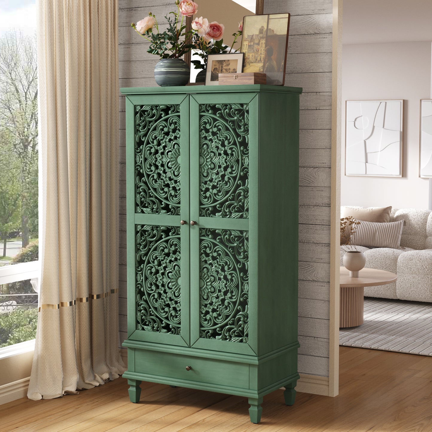 Rustic 55" Tall Storage Cabinet with Drawer - Antique Green