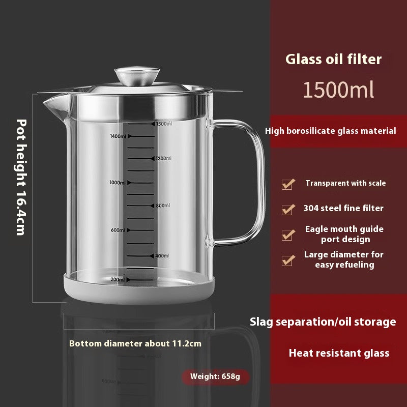 Glass Oil Drain Pot with Stainless Steel Cover - Household Kitchen Oil Filter Jar
