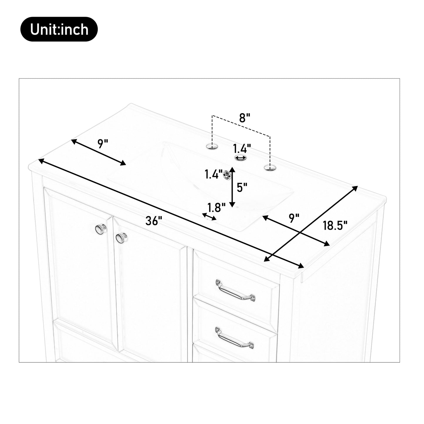 36" Bathroom Vanity with Sink - Elegant Blue Design, 4 Drawers