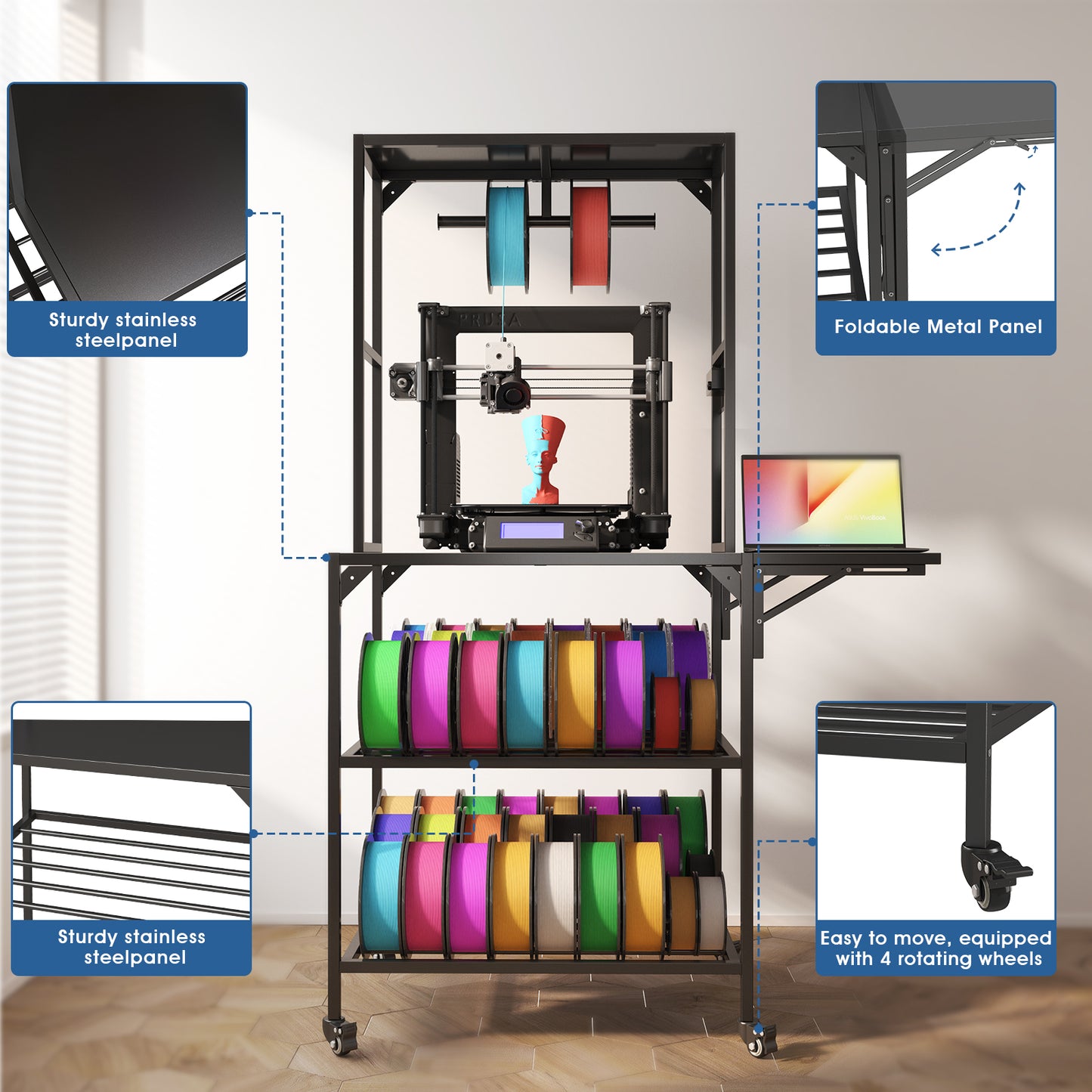 Heavy Duty 3D Printer Stand with Filament Storage Rack - Black