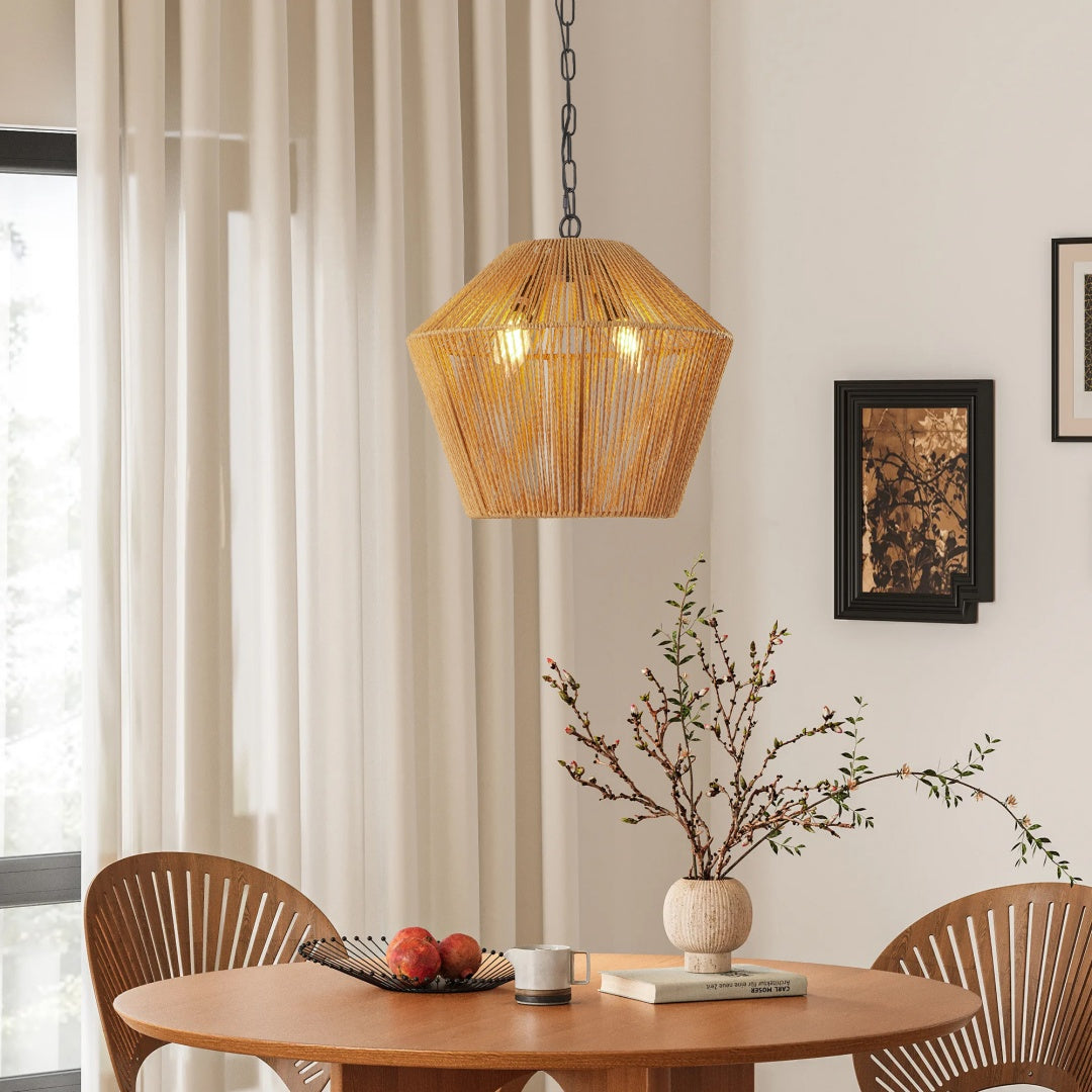 Boho Hemp Rope Pendant Light Fixture - Adjustable Height, Natural Finish
