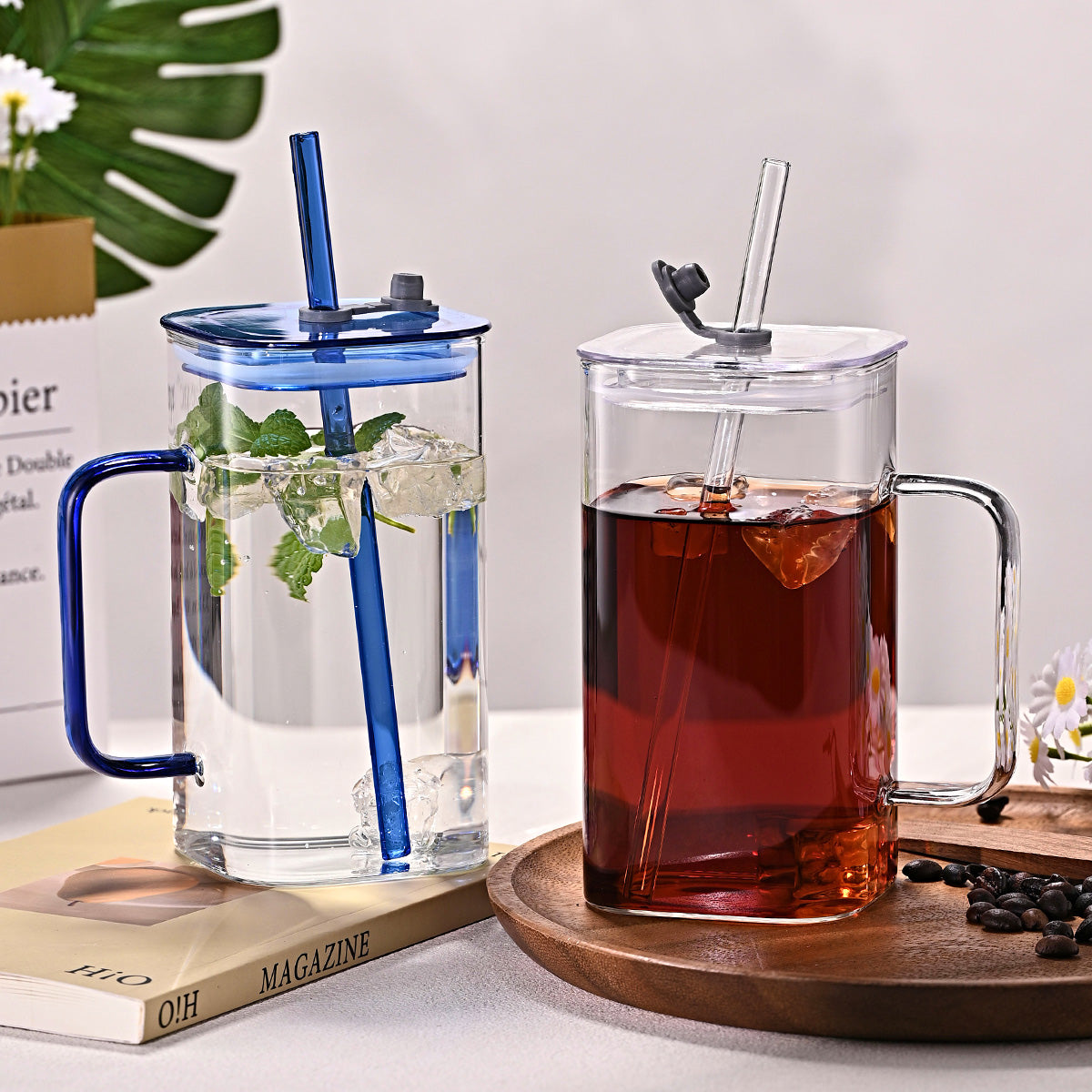 Green Square Glass Straw Cup - High Borosilicate Drinkware