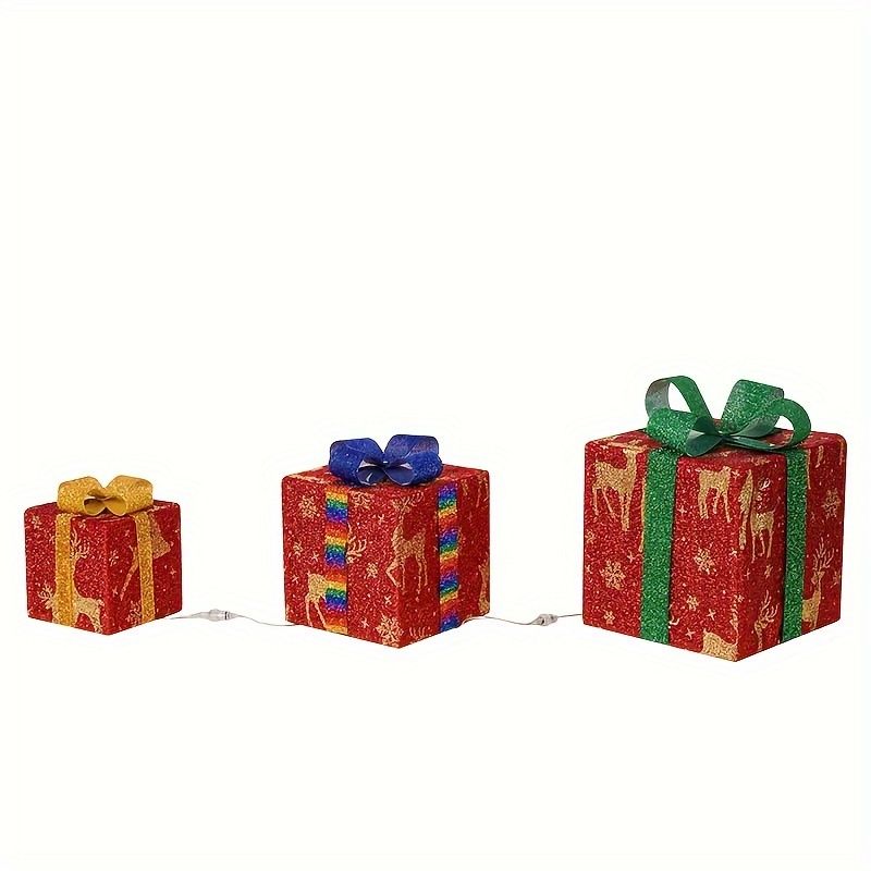 Lighted Christmas Gift Boxes Set of 3 with Remote & Bow Decor - Indoor Outdoor Holiday Decor