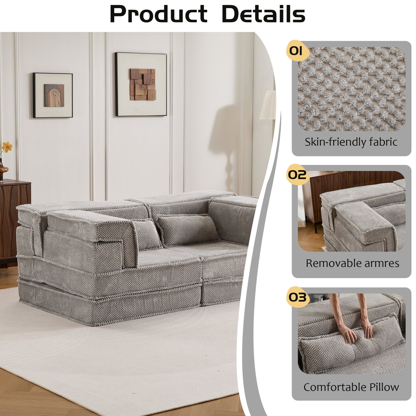Convertible Modular Floor Sofa Bed - Light Grey