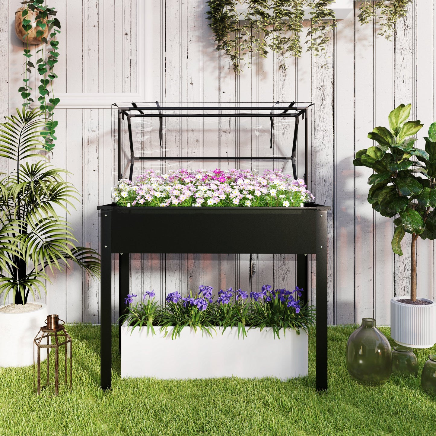 Elevated Garden Bed with Greenhouse Cover - Raised Vegetable Planter, Black