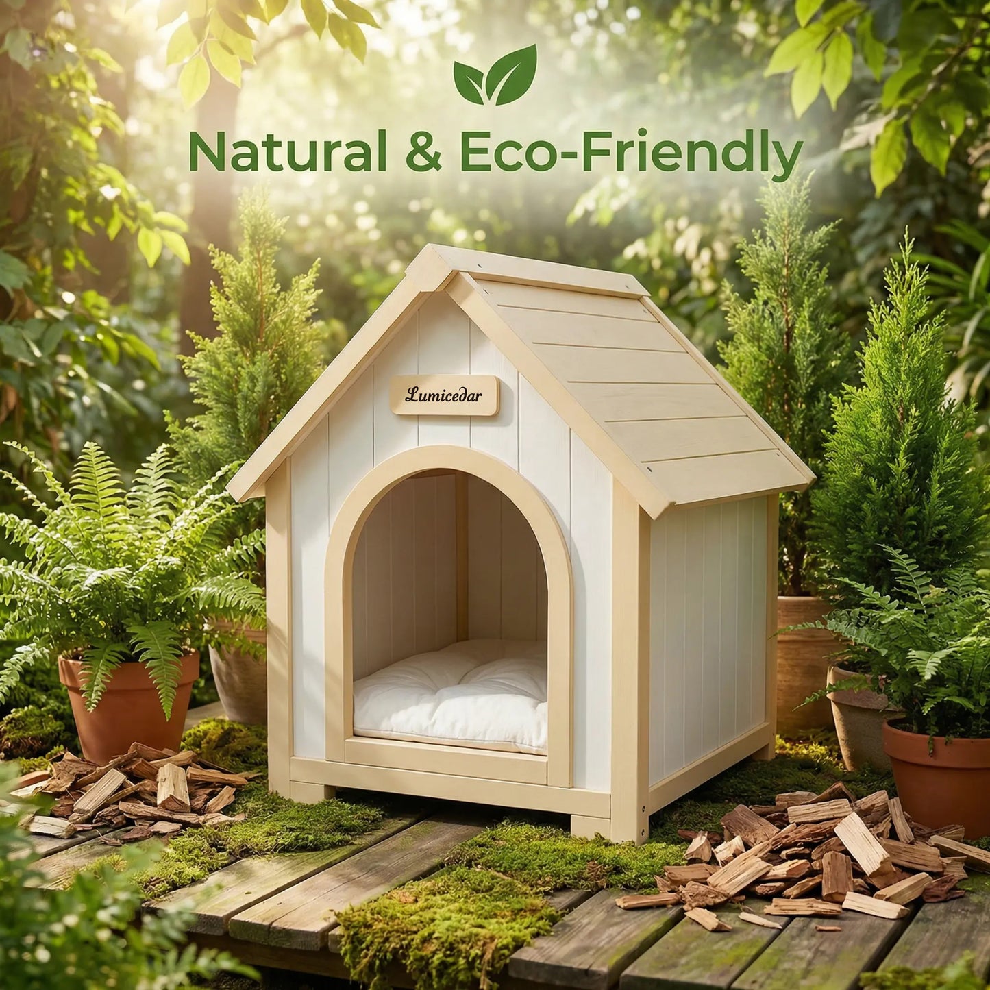 Indoor Wooden Dog House with EVA Cushion - Small Pet Shelter in Creamy White